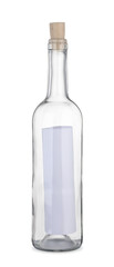 Corked glass bottle with rolled letter isolated on white