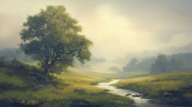 A beautiful oil painting featuring a solitary tree beside a gentle winding river in a misty meadow. A tranquil nature scene perfect for art lovers and home decor
