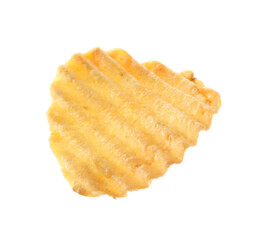 One tasty ridged potato chip in air isolated on white