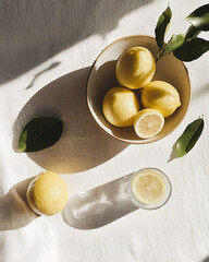 A linen tablecloth with fresh lemons and leaves, illuminated by warm sunlight, casting soft shadows and creating a natural, rustic aesthetic