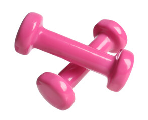 Pink dumbbells isolated on white. Sports equipment