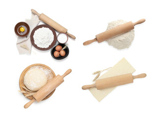 Wooden rolling pins isolated on white, set. Top view