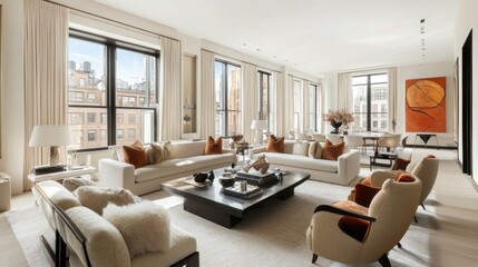 Bright living room with a spacious sofa, a rectangular coffee table, and accent chairs arranged for an open flow