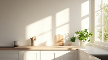 Bright minimalist kitchen with plain white cabinets, a simple countertop, and soft natural light from a single window