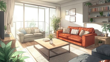 Fototapeta premium Bright living room with a spacious sofa, a rectangular coffee table, and accent chairs arranged for an open flow