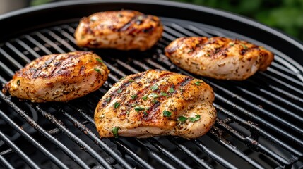 Grilled Chicken Breasts on Barbecue Grill with Charred Marks and Fresh Herbs Decoration