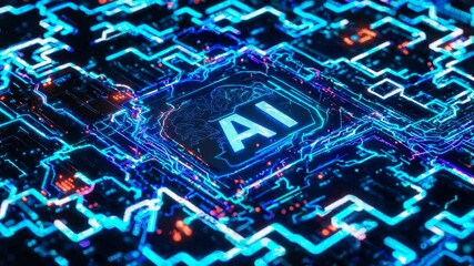 Futuristic AI circuit board design with glowing blue and orange lights. Top-down camera angle, resembling a sci-fi video game interface. - Powered by Adobe