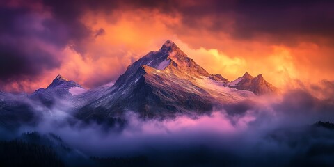 Fototapeta premium Majestic mountain peak shrouded in vibrant sunset clouds. Dramatic landscape photography.