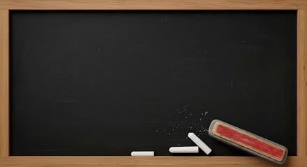 chalk and duster on black board, flat lay. Space for text