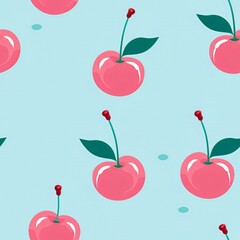 Cute pink cherry pattern on light blue background. Seamless fruit print for textile, wrapping paper or digital wallpaper. Sweet summer design with copy space