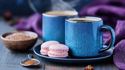 Two blue ceramic mugs with steaming coffee, accompanied by pink macarons on a dark wooden surface. Warm and inviting scene perfect for café, food, and relaxation themes