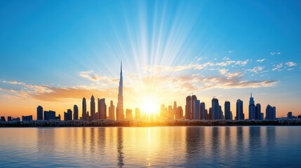 Fototapeta premium Stunning Sunrise Over Modern City Skyline with Reflection in Water and Vibrant Sky Colors