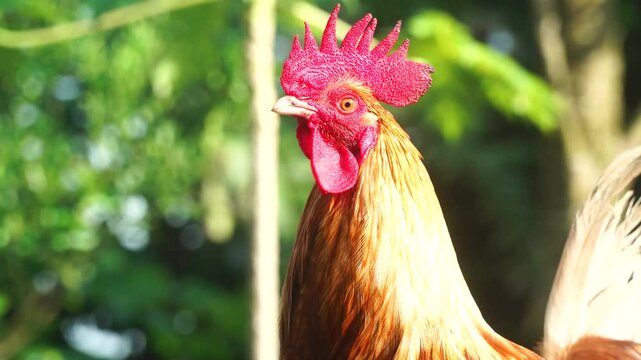 Close up of a red combed rooster in the morning
