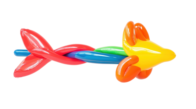 A vibrant, colorful balloon sculpture shaped like a fish, featuring bright yellow, orange, blue, and red elements against a clean background.