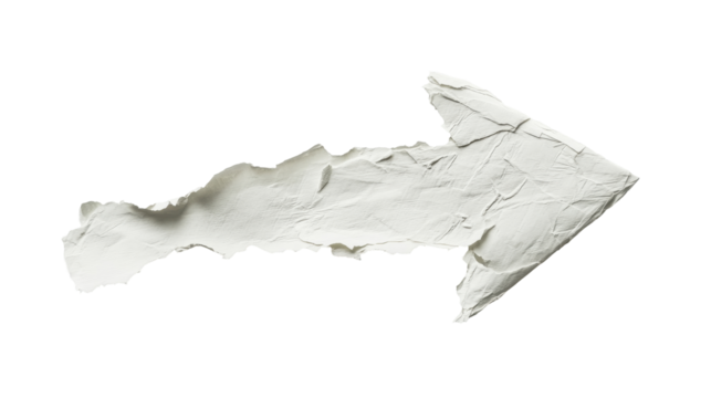 A crumpled white paper arrow pointing right on a transparent background.
