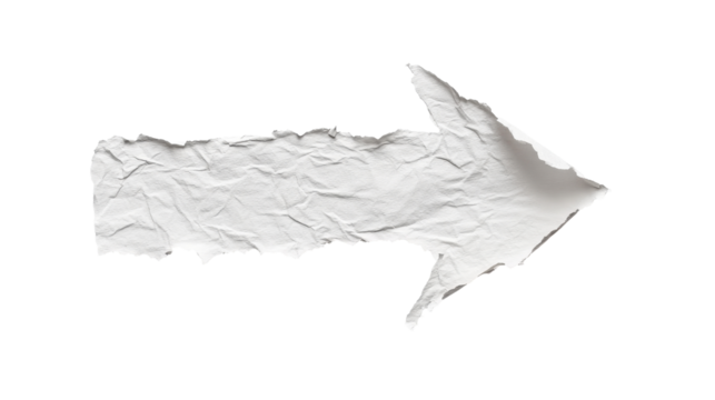 A textured, crumpled white paper arrow pointing to the right on a black background.