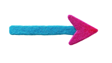 A vibrant felt arrow in blue and pink pointing to the right, ideal for direction or navigation themes.