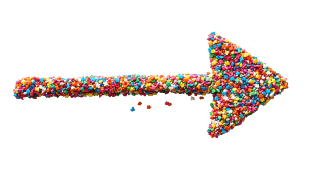 Colorful arrow made of vibrant sprinkles pointing right, perfect for festive themes.