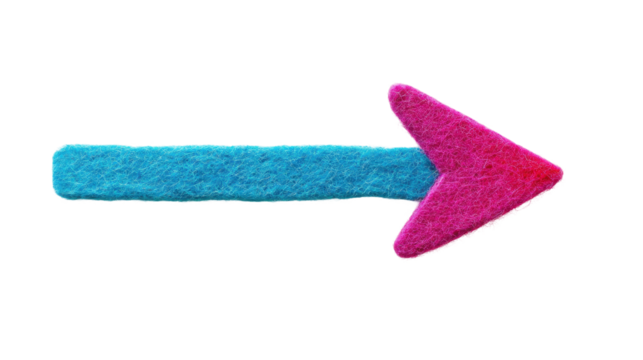 A vibrant felt arrow in blue and pink pointing to the right, ideal for direction or navigation themes.