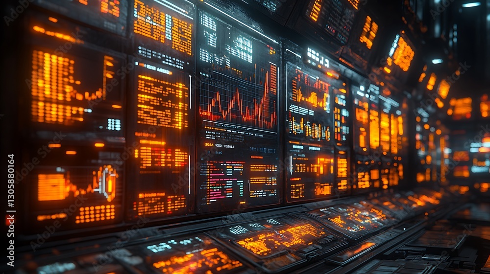 Poster illuminated data panels in a cyberpunk stock exchange setting, showcasing a futuristic financial lan