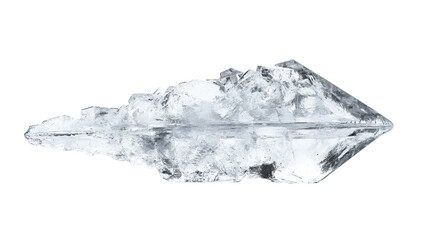 A striking, transparent ice sculpture shaped like an arrow, showcasing intricate textures and reflections.