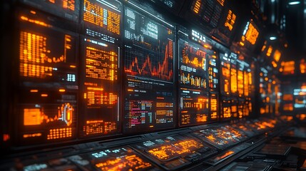 Illuminated data panels in a Cyberpunk stock exchange setting, showcasing a futuristic financial landscape.