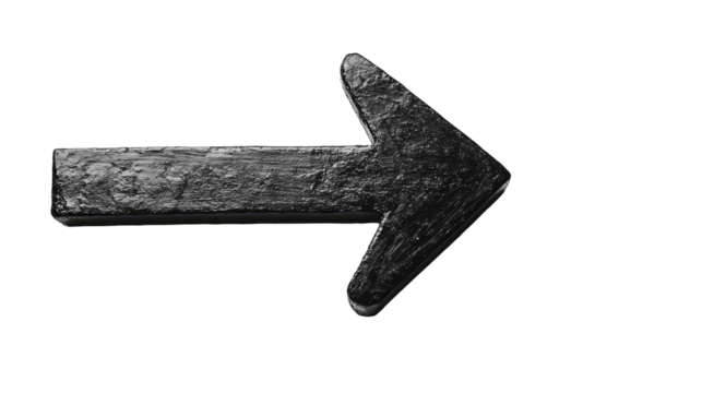 A textured black arrow symbolizing direction and movement, set against a clean white backdrop, evoking a sense of guidance.
