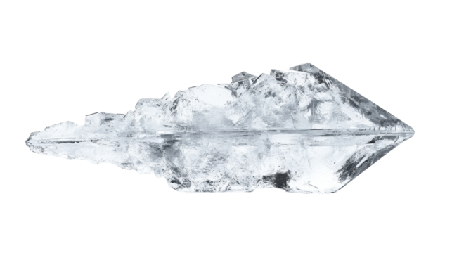 A striking, transparent ice sculpture shaped like an arrow, showcasing intricate textures and reflections.