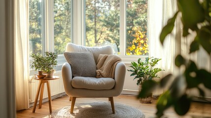 Bright Scandinavian reading nook with a soft armchair, small side table, and natural light streaming through large windows
