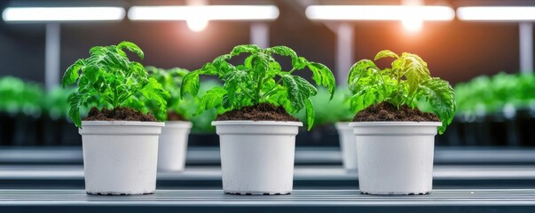 Fresh green plants in white pots illuminated by bright lights in a modern indoor growing environment.