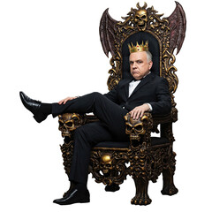 A confident man in an austere suit sits on a large demonic rich throne