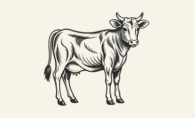Vintage cow sketch drawing, bull and cow silhouette, vintage beef sketch vector illustration