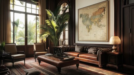 Fototapeta premium British colonial room with dark wood furniture, leather accents, tropical plants, and vintage map artwork for a refined, global style