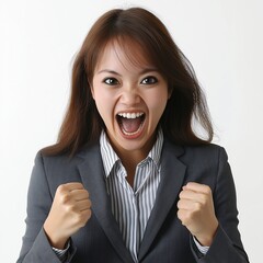 Dynamic Young Business Woman Celebrates Professional Success with Enthusiastic, Joyful Expression in Workplace Portrait