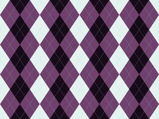 Stylish argyle pattern in purple, black, and white.  Perfect for backgrounds, textiles, or fashion design. This geometric design offers a sophisticated and timeless aesthetic.