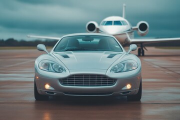 Obraz premium High-End Sports Car Parked with Headlights On at Airport Runway Setting