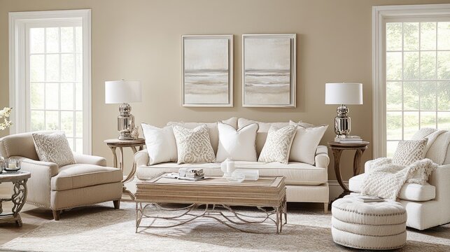 Calm and collected living room with beige walls, light furniture, and small decorative touches in neutral colors like white and taupe