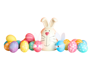 PNG, Easter, set of painted Easter eggs with rabbit, isolated on white background