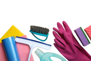 Spring cleaning, cleaning supplies and a bouquet of tulips in a plastic basket in hands isolated on a white background, with space for text, PNG