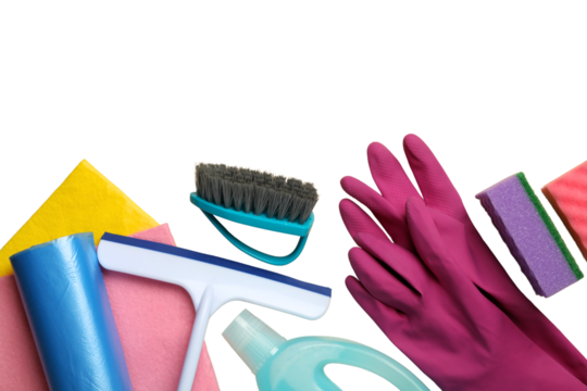 Spring cleaning, cleaning supplies and a bouquet of tulips in a plastic basket in hands isolated on a white background, with space for text, PNG