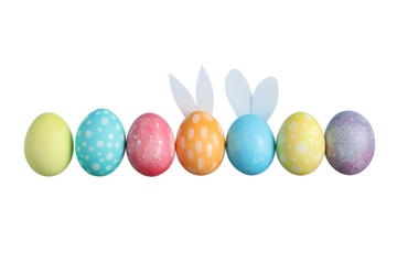 PNG, Easter, set of painted Easter eggs with rabbit ears, isolated on white background