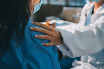 Closeup, doctor holding hands with senior woman and cancer care or support. Healthcare or trust,...