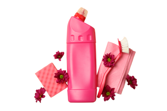 Spring cleaning, cleaning supplies and a bouquet of tulips in a plastic basket in hands isolated on a white background, with space for text, PNG