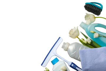 Spring cleaning, cleaning supplies and a bouquet of tulips in a plastic basket in hands isolated on a white background, with space for text, PNG