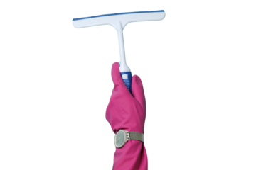 Spring cleaning, hand in rubber glove with glass cleaning device isolated on a white background, PNG