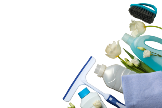 Spring cleaning, cleaning supplies and a bouquet of tulips in a plastic basket in hands isolated on a white background, with space for text, PNG