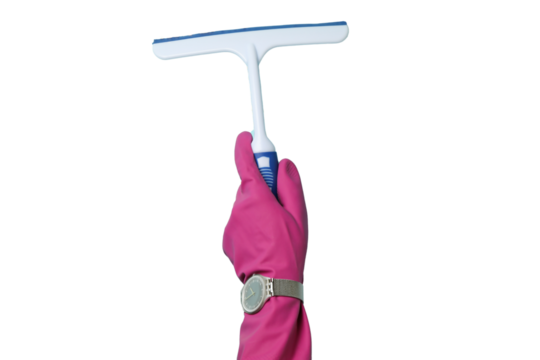 Spring cleaning, hand in rubber glove with glass cleaning device isolated on a white background, PNG - Powered by Adobe