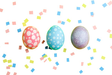 PNG, Easter, set of painted Easter eggs, with confetti, isolated on white background