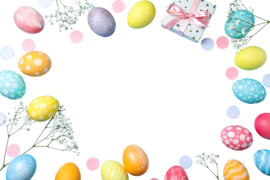 PNG, Easter, set of painted Easter eggs, with flowers, with space for text, isolated on white background