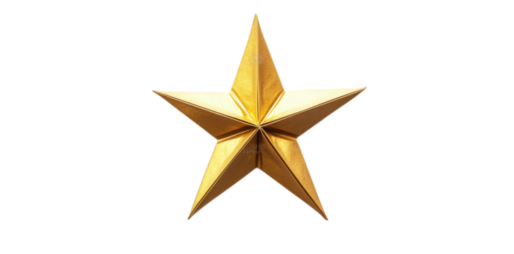 three-dimensional golden star. characterized by its sharp points and reflective surface. set against a plain white background this design element is often used in awards. decorations. or as a symbol o